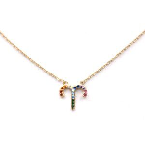 Aries Zodiac Sign Necklace Crystal Rhinestone Rainbow Gold Tone Chain Unwritten